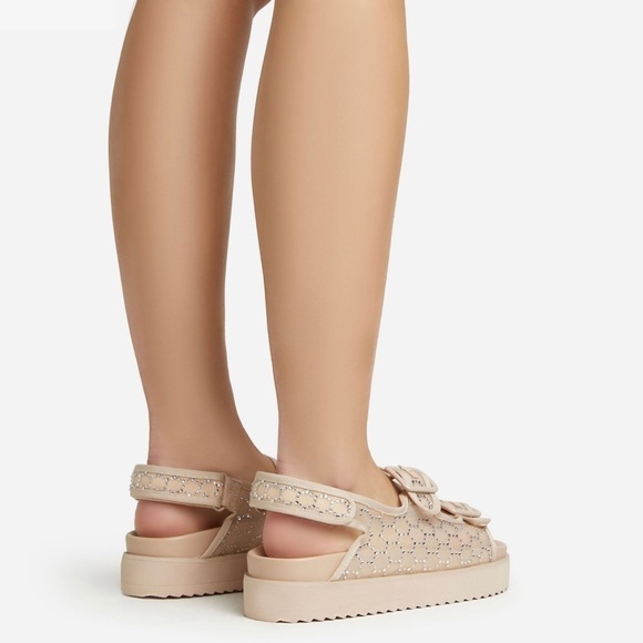 Corta DOUBLE BUCKLE STRAP DIAMANTE DETAIL FLAT DAD SANDAL IN NUDE MESH size 7 - Picture 4 of 12